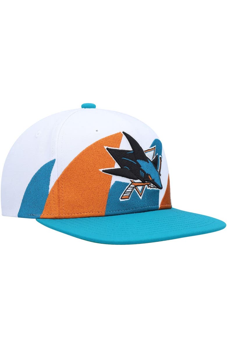 Mitchell & Ness Men's Mitchell & Ness White/Aqua San Jose Sharks Vintage Sharktooth Snapback Hat, Alternate, color,