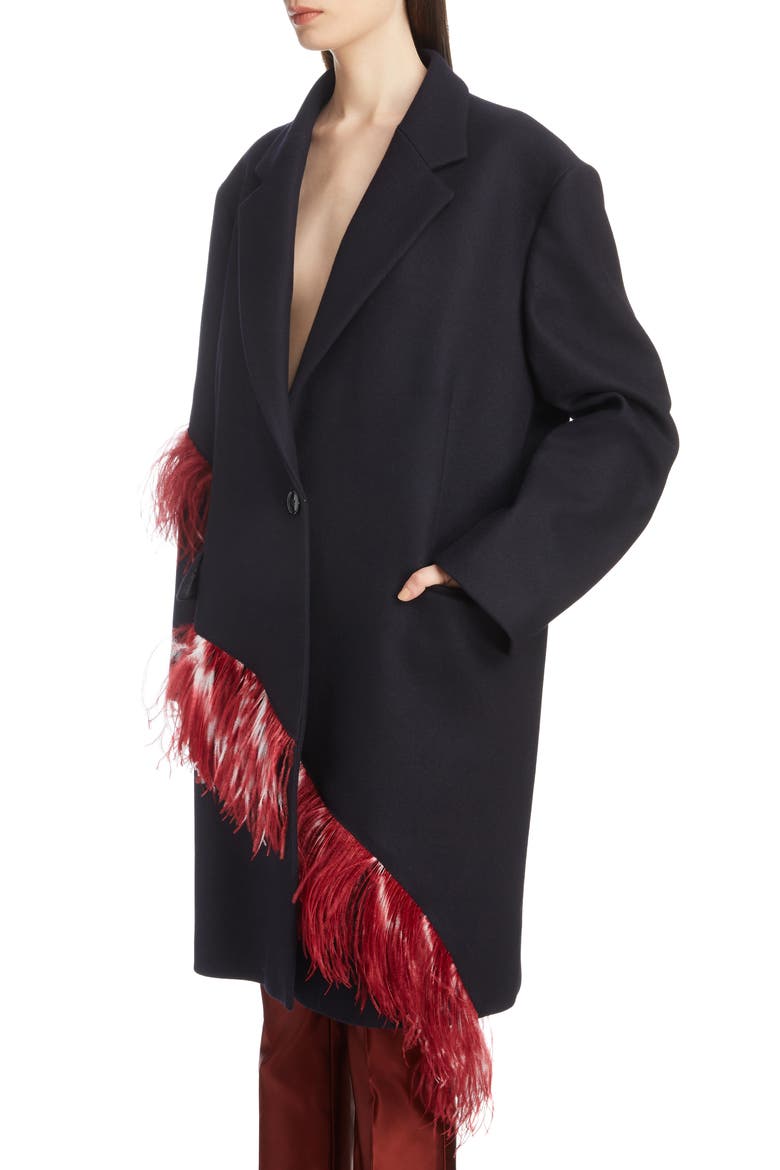 Ostrich Feather Trim Wool Blend Reefer Coat, Alternate, color, NAVY