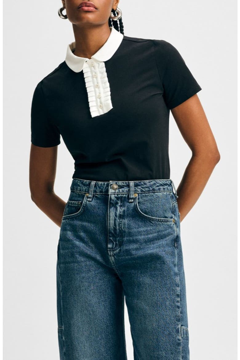 Cotton Ruffle Placket Polo, Main, color, BLACK/ WHITE