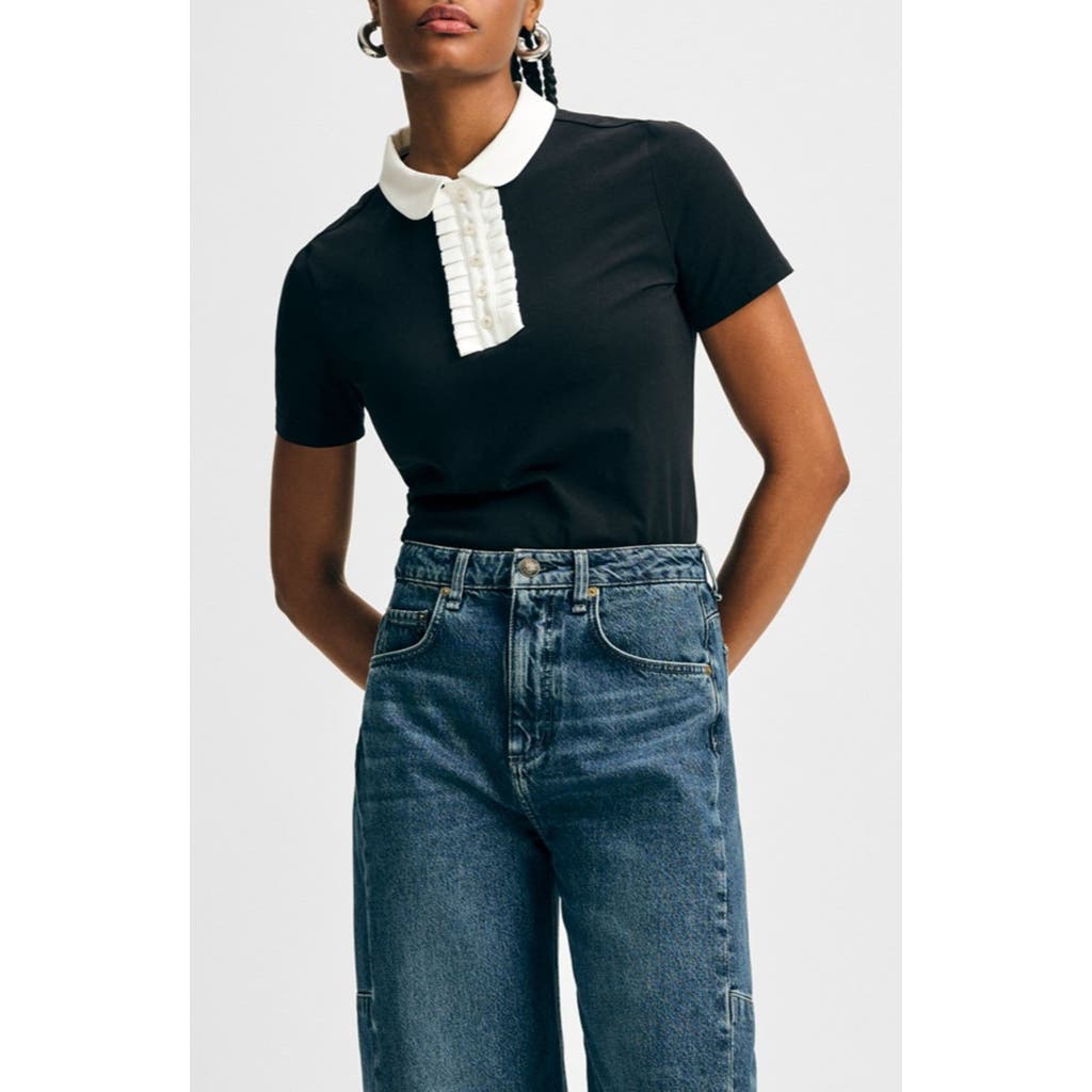 Isaac Mizrahi New York Cotton Ruffle Placket Polo In Black
