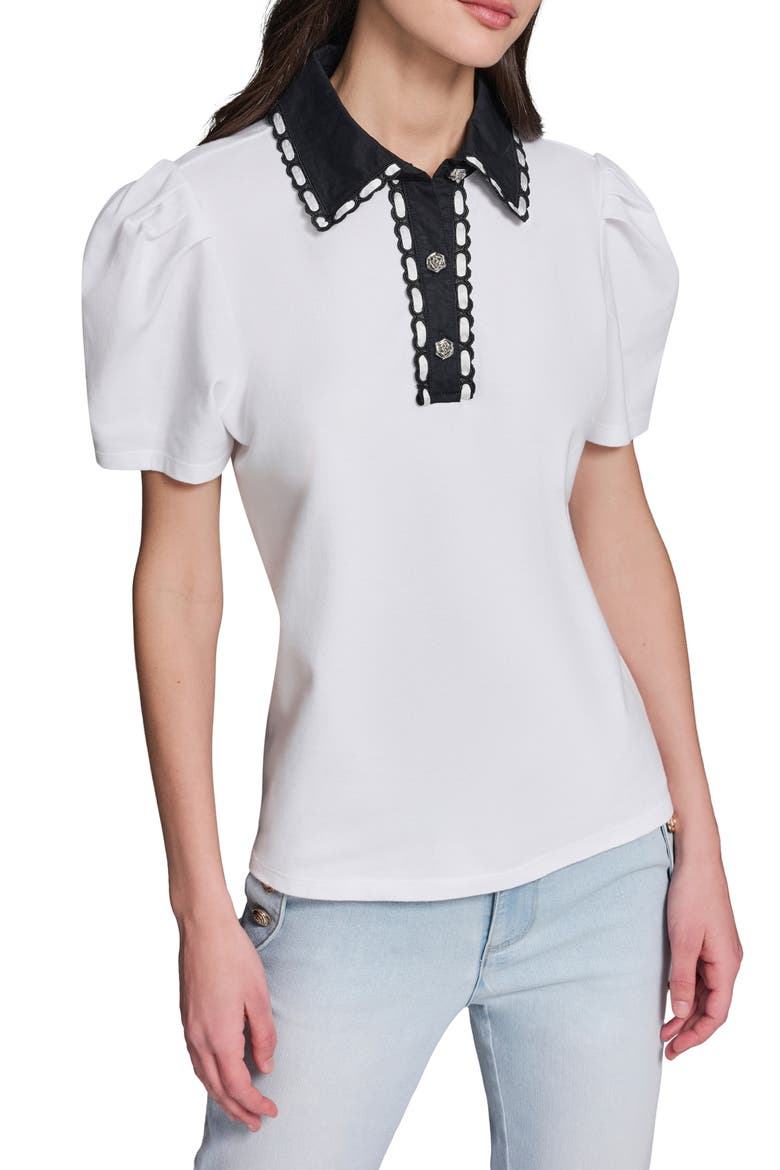 Contrast Collar Puff Sleeve Stretch Cotton Piqué Polo Shirt, Main, color, SOFT WHITE