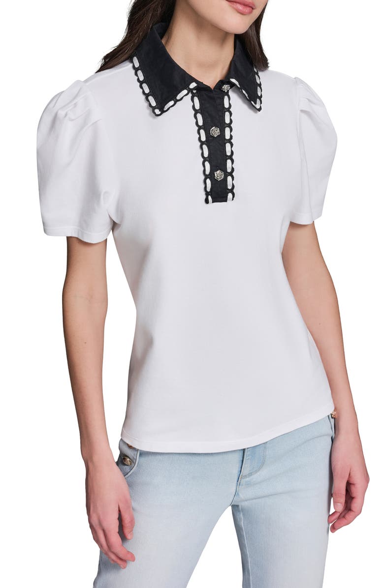 KARL LAGERFELD PARIS Contrast Collar Puff Sleeve Stretch Cotton Piqué Polo Shirt, Main, color, Soft White