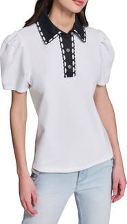 KARL LAGERFELD PARIS Contrast Collar Puff Sleeve Stretch Cotton Piqué Polo Shirt