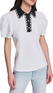 KARL LAGERFELD PARIS Contrast Collar Puff Sleeve Stretch Cotton Piqué Polo Shirt