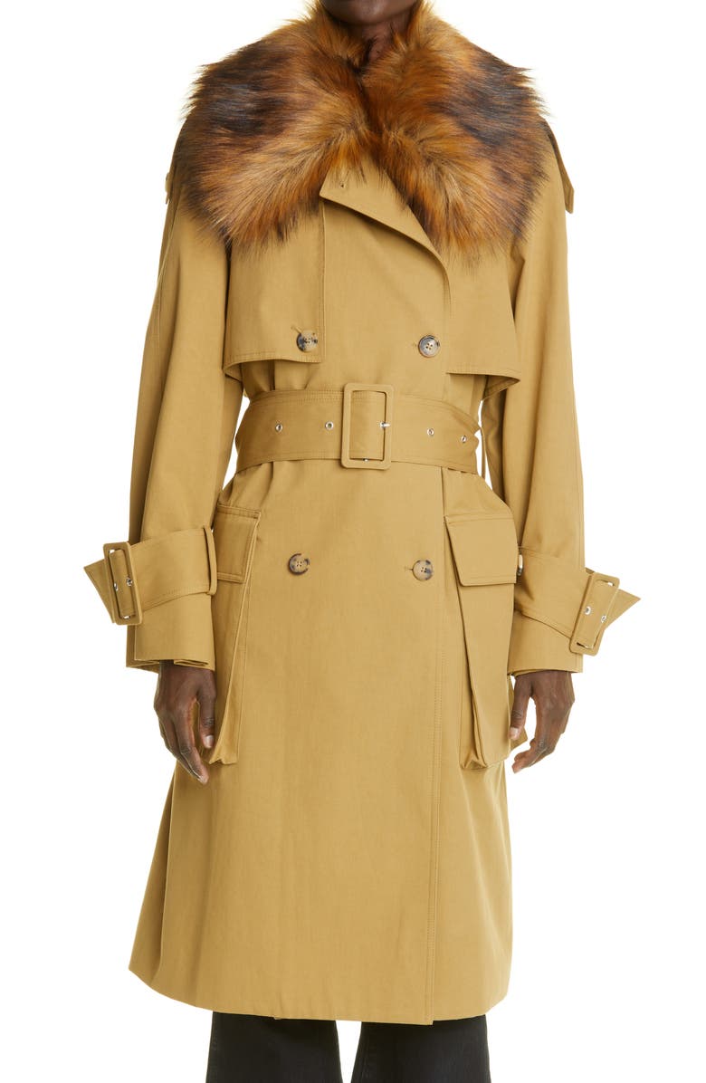 Khaite Nedding Double Breasted Trench Coat with Removable Faux Fur Collar, Main, color, 
