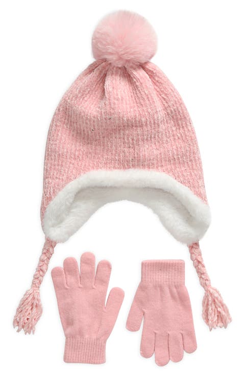 Kids' Faux Fur Lined Pompom Earflap Cap & Magic Gloves Set (Big Kid)