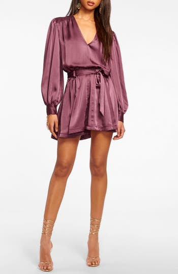 Ramy Brook Montana Long Sleeve Satin Minidress In Pinot Noir