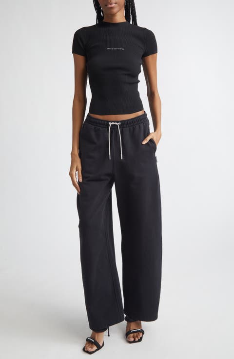 Wide Leg Sweatpants with Rhinestone Drawstring