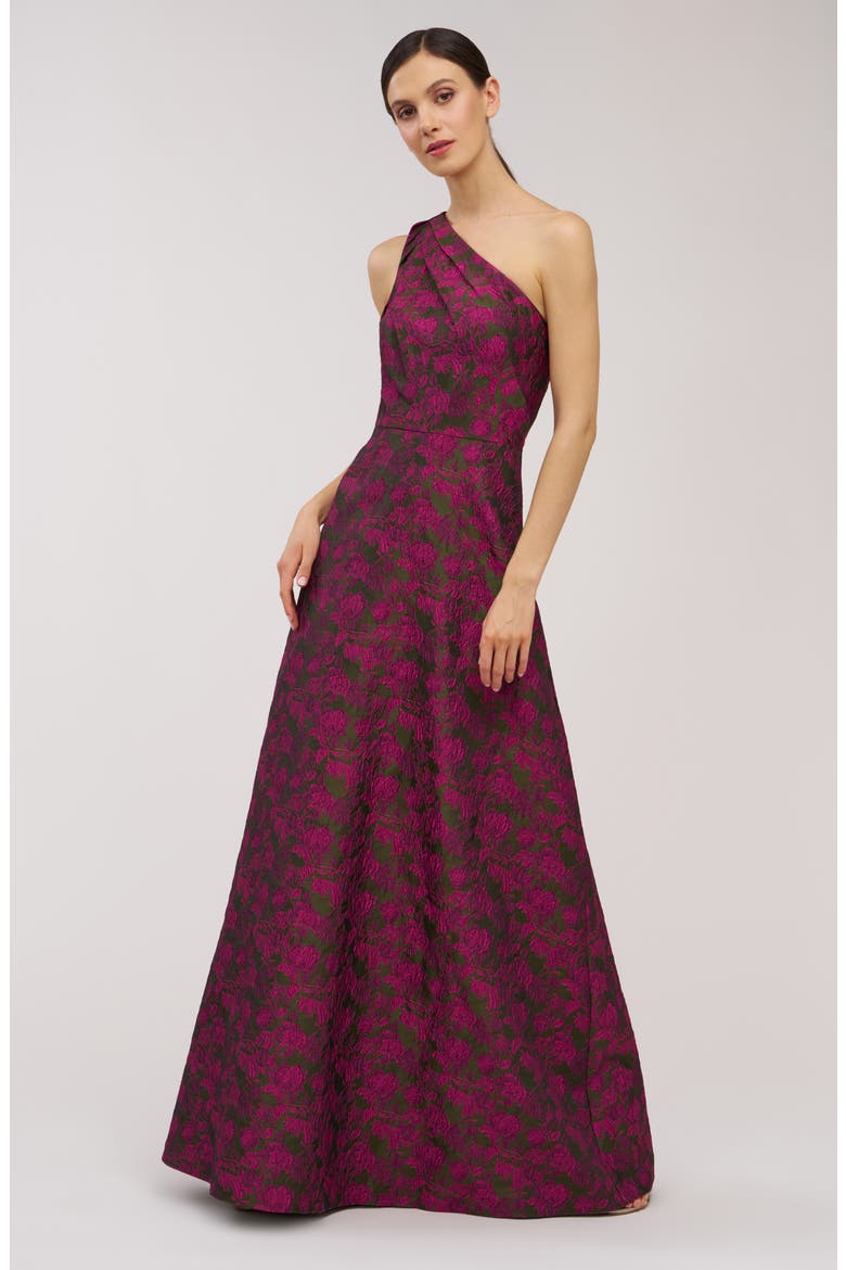 Ashley Metallic Floral Jacquard One-Shoulder Gown, Alternate, color, WILD BERRY/ PESTO