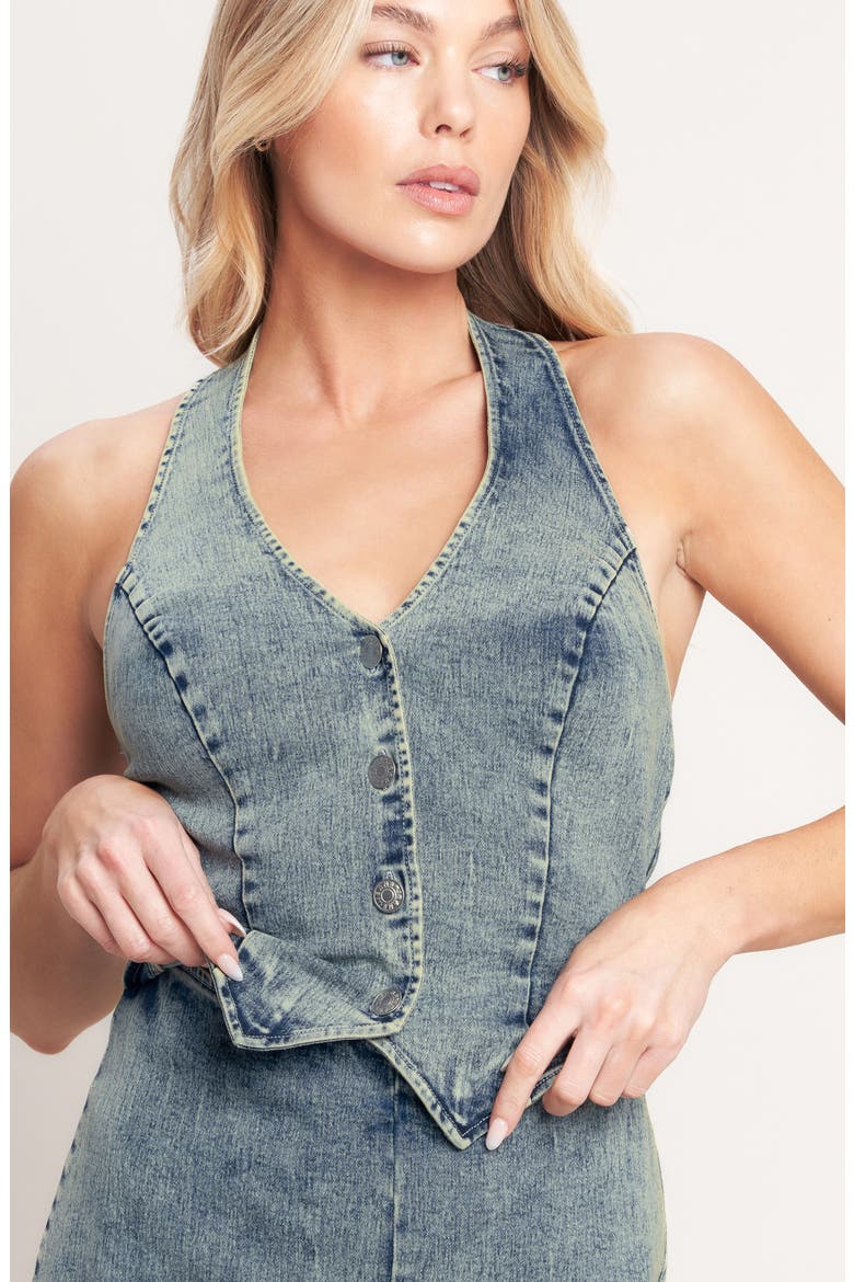 Plunge Neck Halter Denim Romper, Alternate, color, DENIM ACID