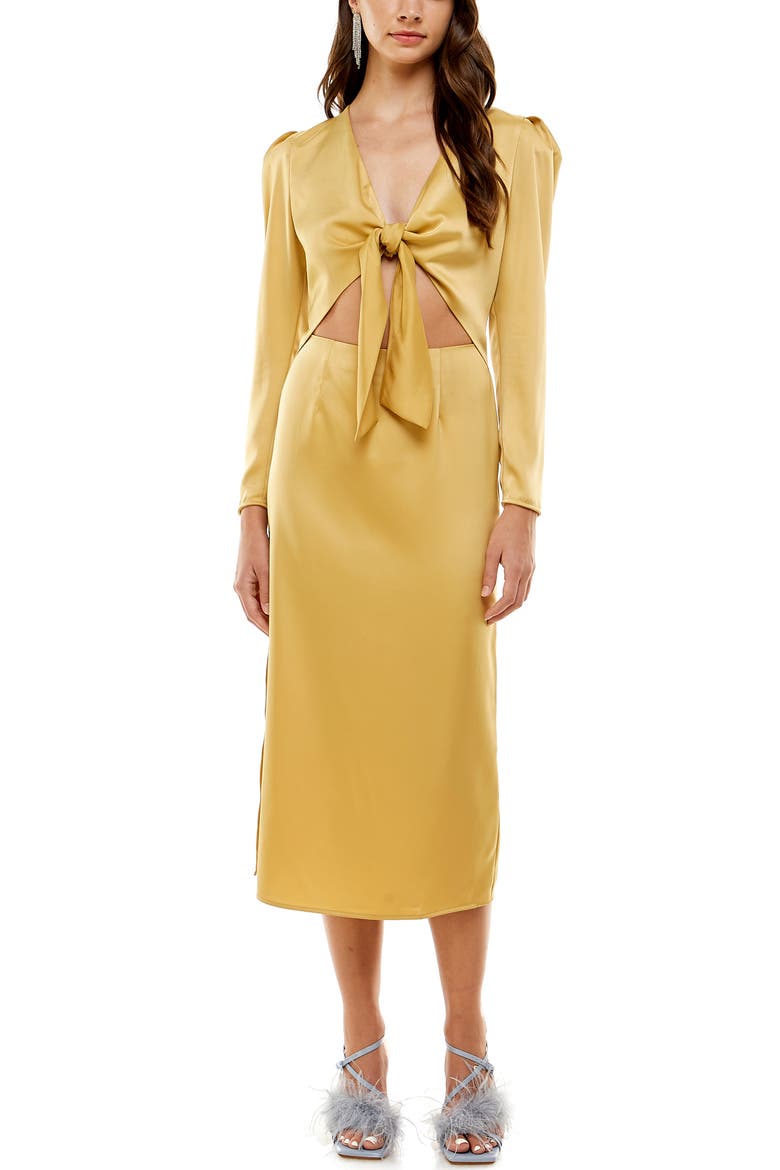 Poppy Tie Front Long Sleeve Cutout Midi Dress, Main, color, GOLD