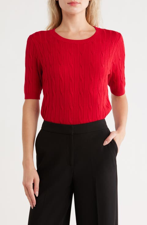 Crewneck Short Sleeve Cable Knit Sweater