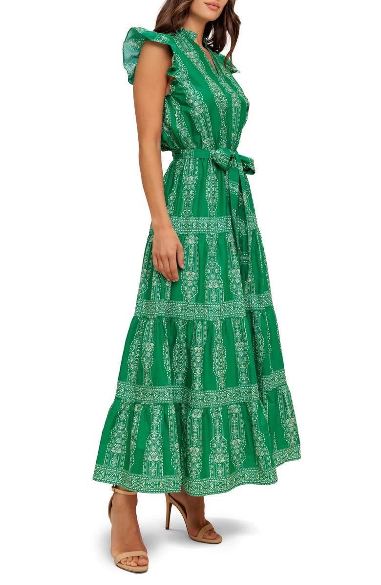 FLYING TOMATO Cap Sleeve Tiered Cotton Maxi Dress, Alternate, color, Green