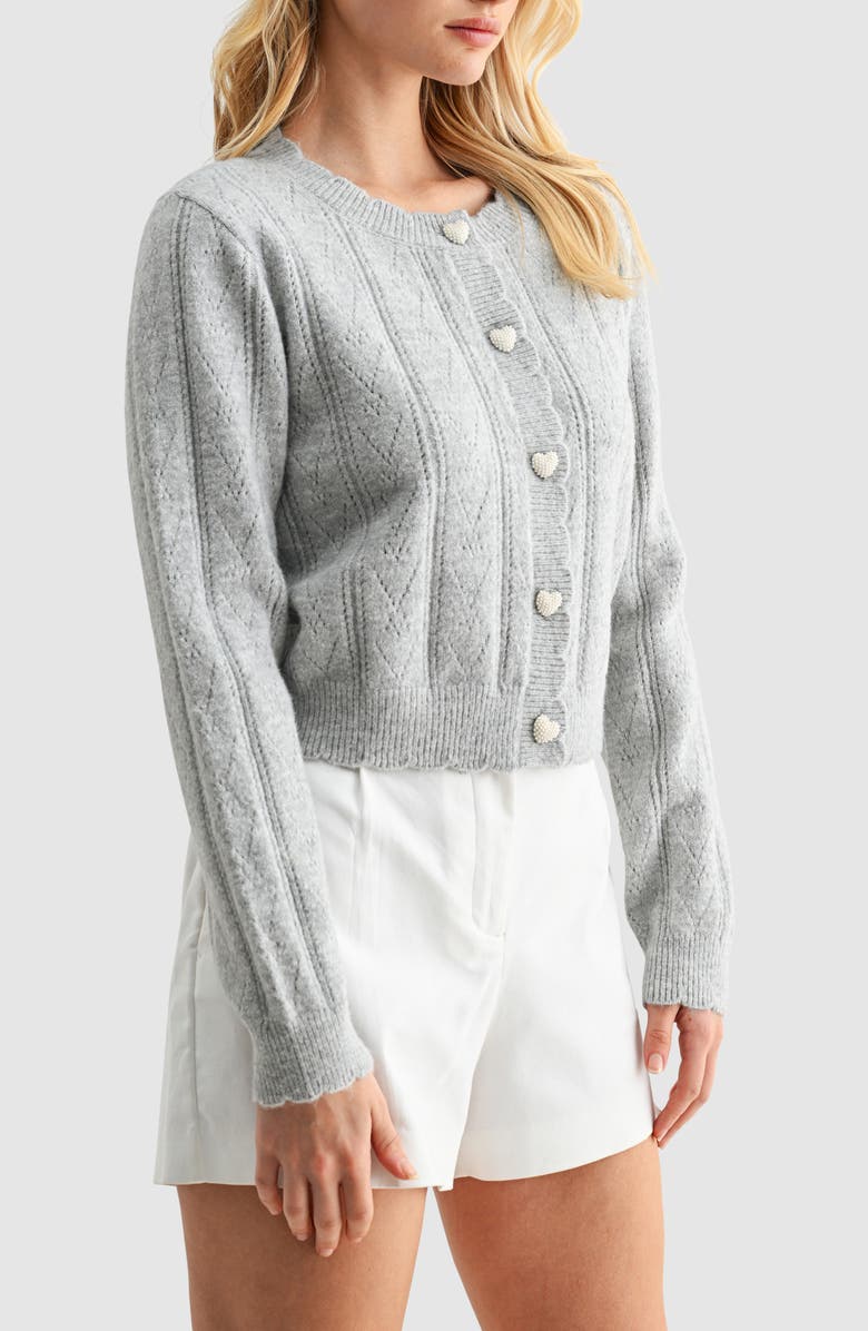 Lush Heart Button Pointelle Cardigan, Alternate, color, Light Grey