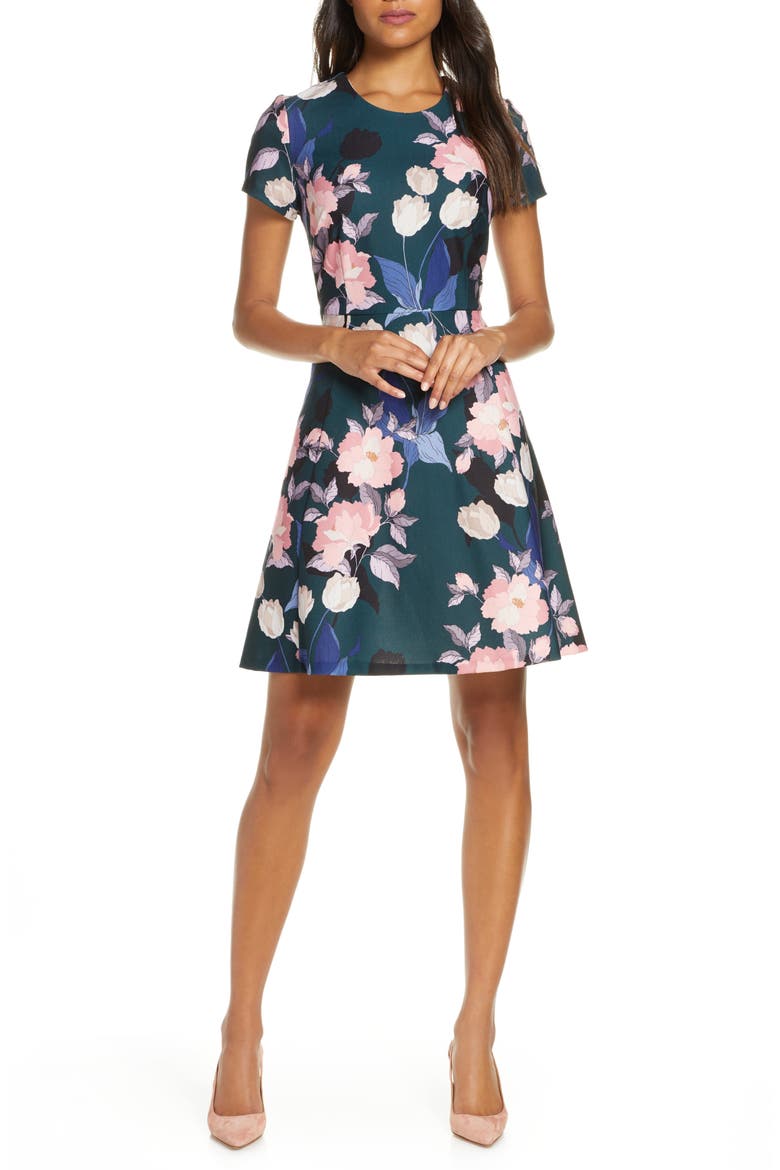 Floral Print Short Sleeve Fit & Flare Dress, Main, color, HUNTER