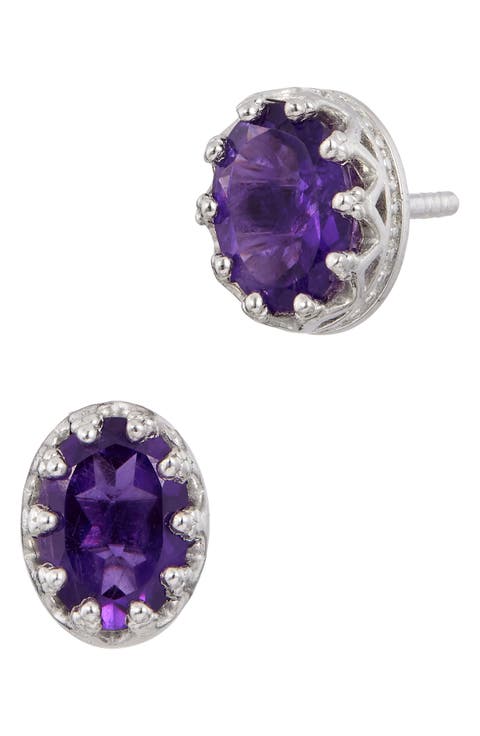 Rhodium Plated Sterling Silver Oval Semiprecious Stone Stud Earrings