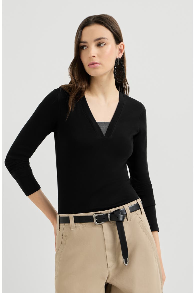 Stretch cotton ribbed jersey top with precious insert, Main, color, Black