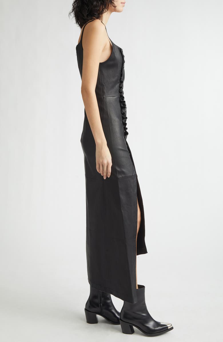 Rabanne Drappé Pression Asymmetric Lambskin Leather Midi Dress, Alternate, color, Black