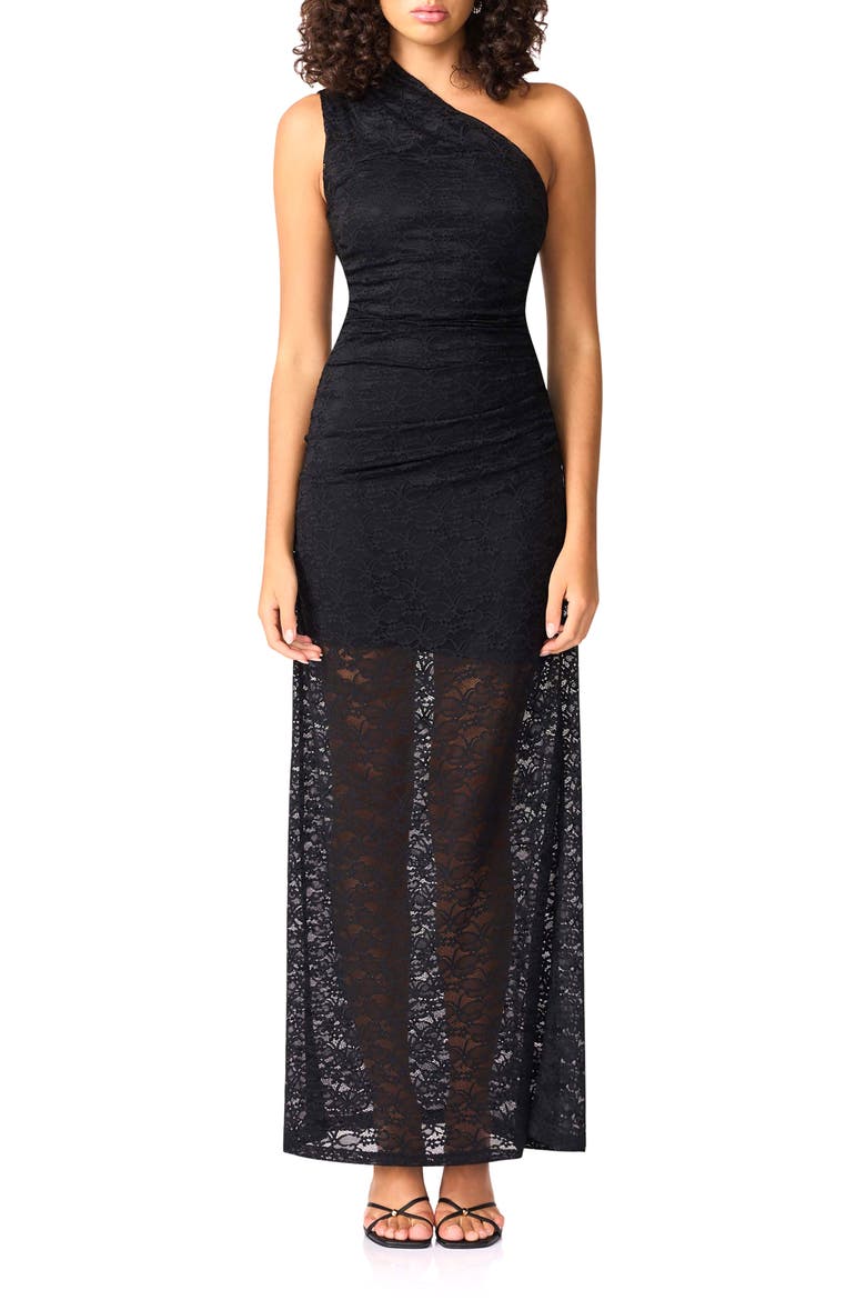 Armelle Lace One-Shoulder Gown, Main, color, BLACK