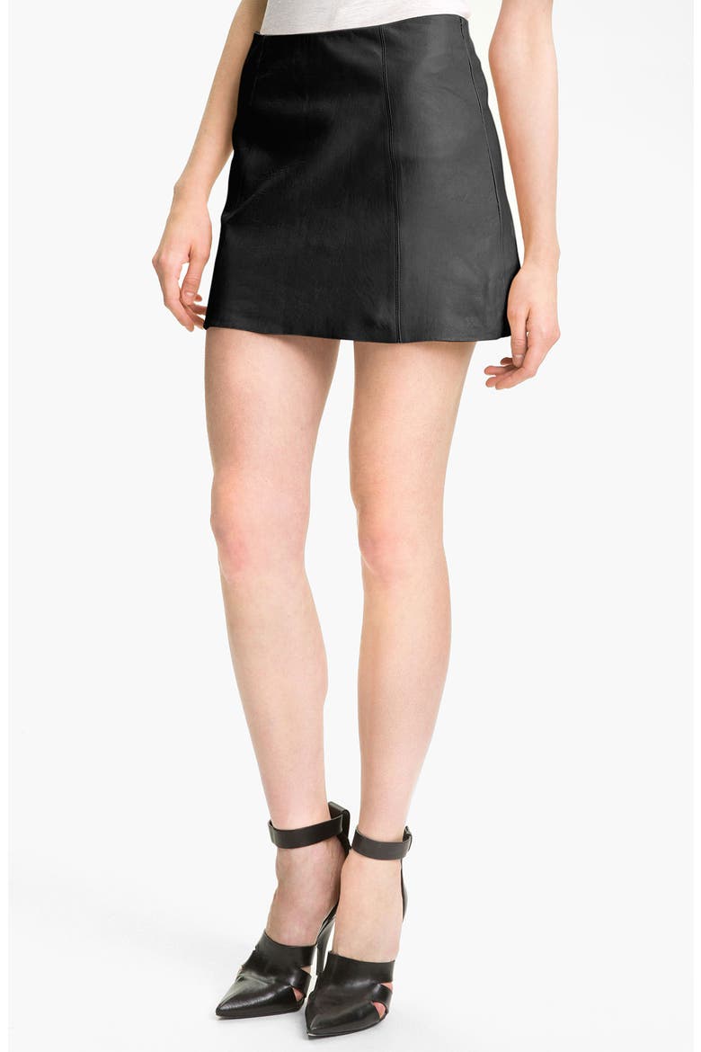 T by Alexander Wang Leather A-Line Miniskirt, Main, color, BLACK