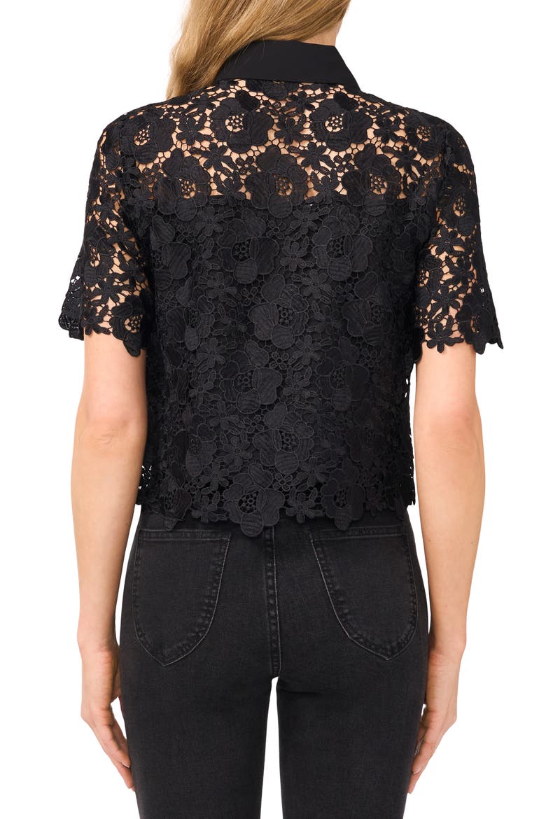 Floral Lace Short Sleeve Button-Up Shirt, Alternate, color, RICH BLACK