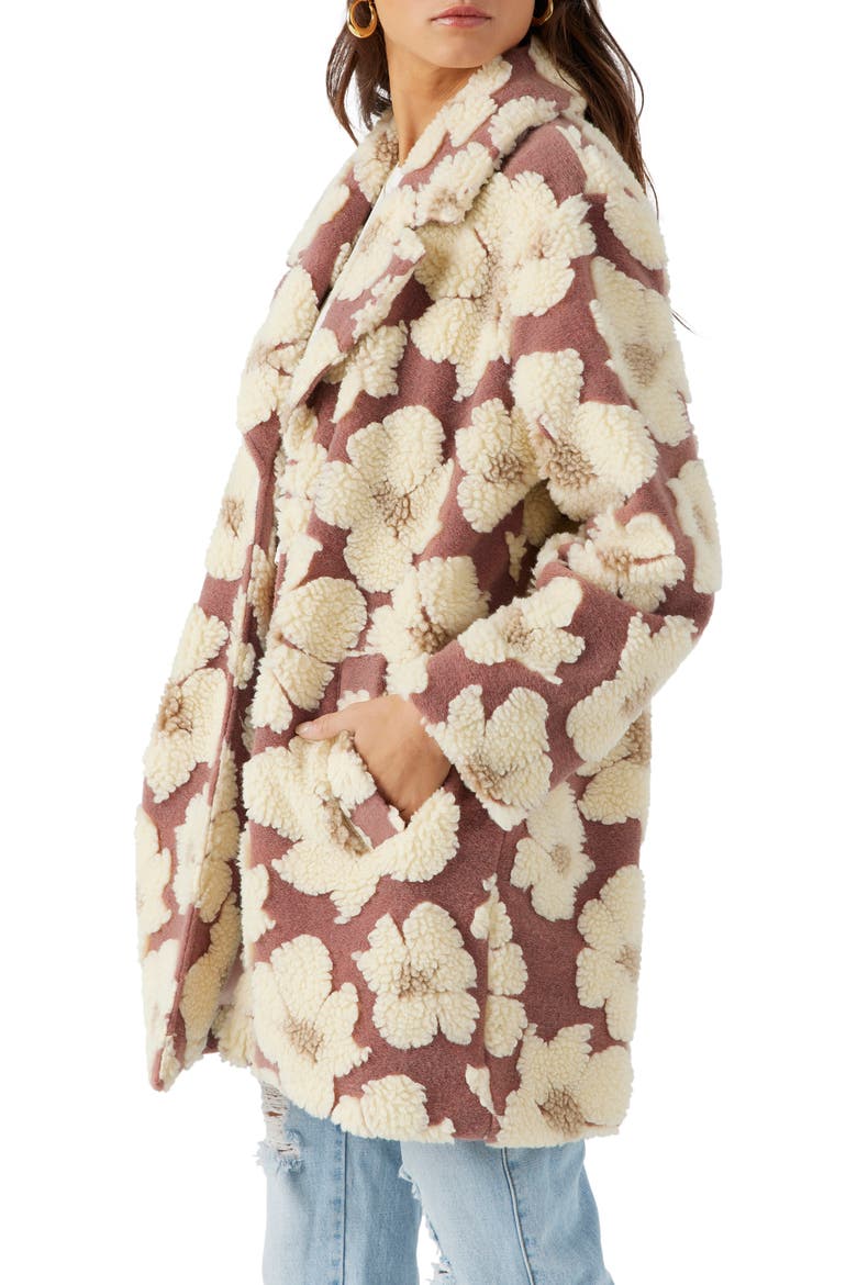 Harper Floral Fleece Jacquard Open Front Coat, Alternate, color, BURLWOOD