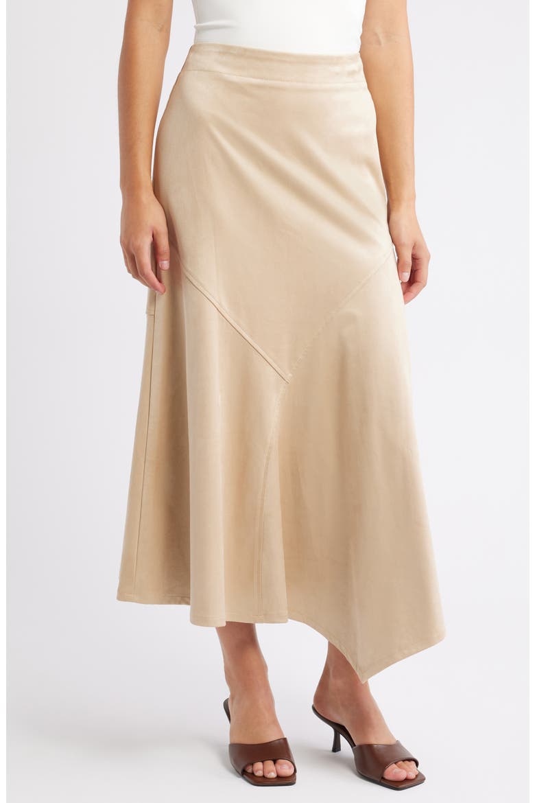 Asymmetrical Hem Faux Suede Midi Skirt, Main, color, CHAMPAGNE
