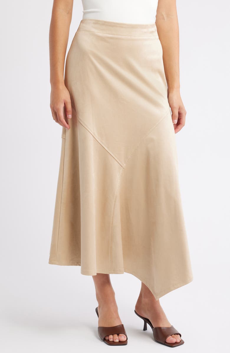 CITY BLUES Asymmetrical Hem Faux Suede Midi Skirt, Main, color, Champagne
