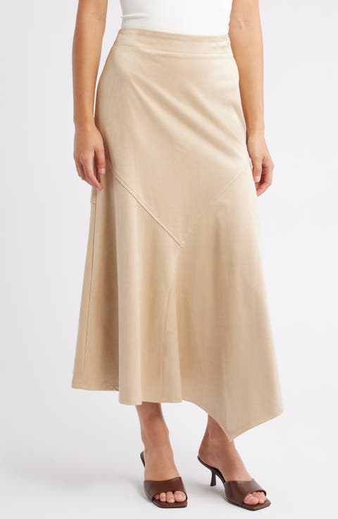 Asymmetrical Hem Faux Suede Midi Skirt