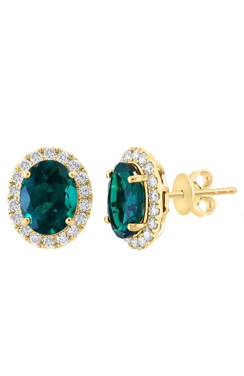 14K Yellow Gold Lab Grown Diamond & Lab Grown Emerald Oval Stud Earrings