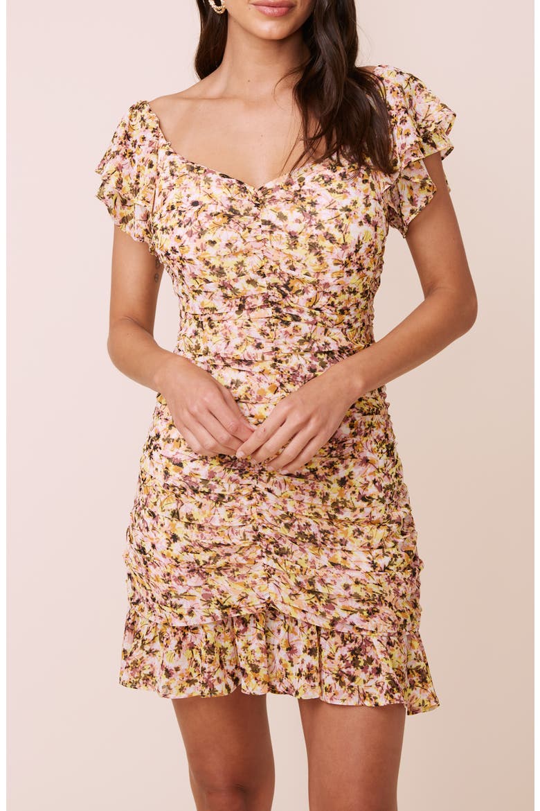 Floral Ruched Chiffon Minidress, Alternate, color, BLUSH YELLOW MULTI