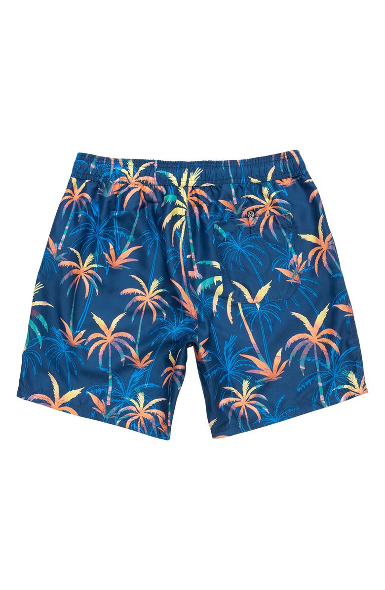 Maui & Sons Wilder Palm Tree Print Microfiber Swim Trunks, Alternate, color, Navy