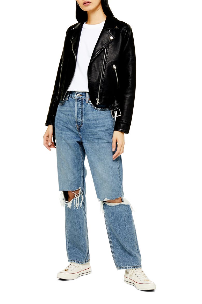 Ripped High Waist Dad Jeans, Alternate, color, MID DENIM