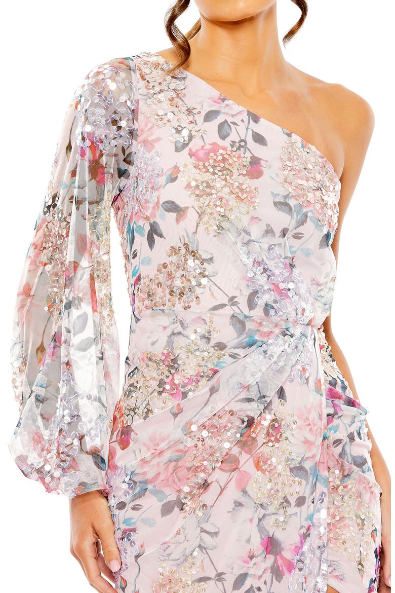 Sequin Floral One-Shoulder Sheath Gown, Alternate, color, LILAC