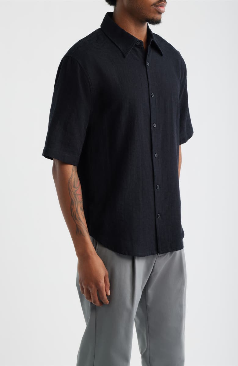 Open Edit Dune Oversize Short Sleeve Wool Blend Jacquard Button-Up Shirt, Alternate, color, Black