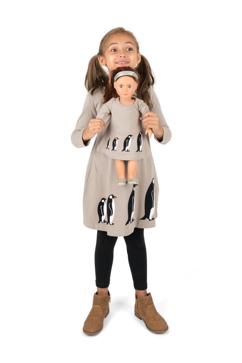 Girls Cotton Dress with Matching Doll Dress, Printed Design, Alternate, color, PENGUIN