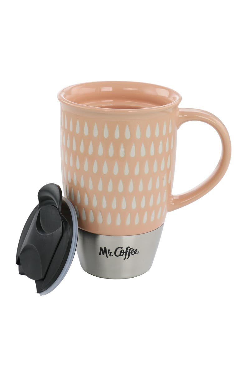 Mr. Coffee Coupleton Teardrop 4 Piece 15 Ounce Stoneware and Stainless Steel Travel Mug Set with Lid, Alternate, color, Pink