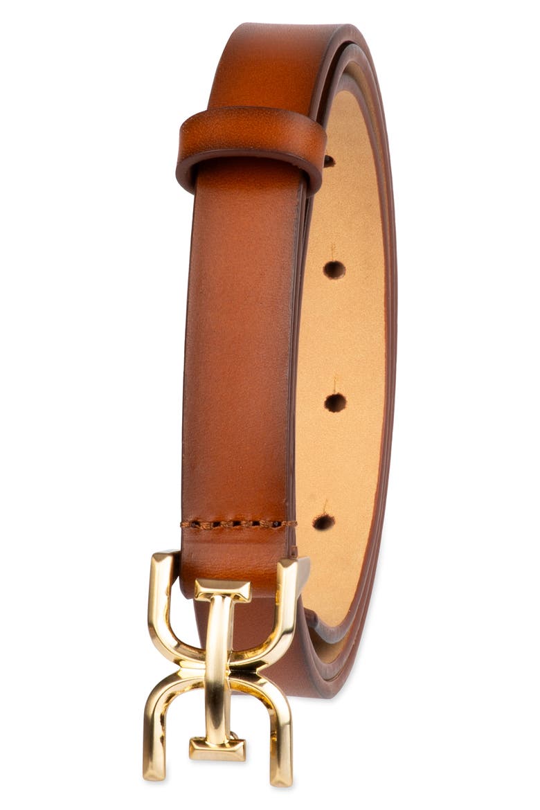 Double E Logo Slim Leather Belt, Alternate, color, TAN