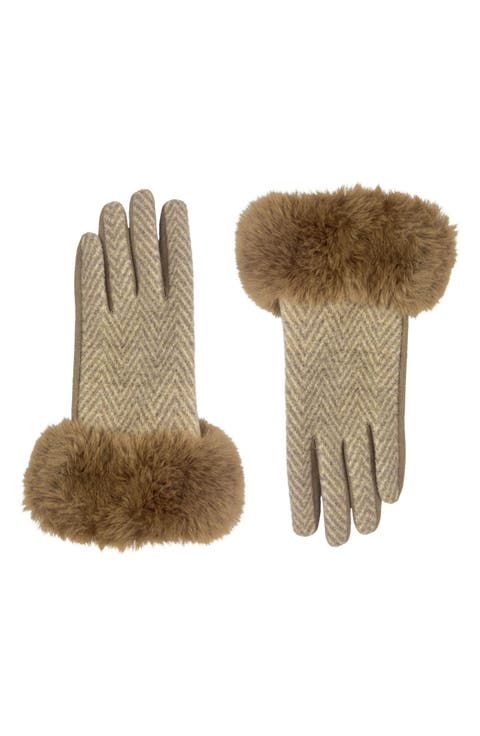 Chevron Gloves with Faux Fur Trim