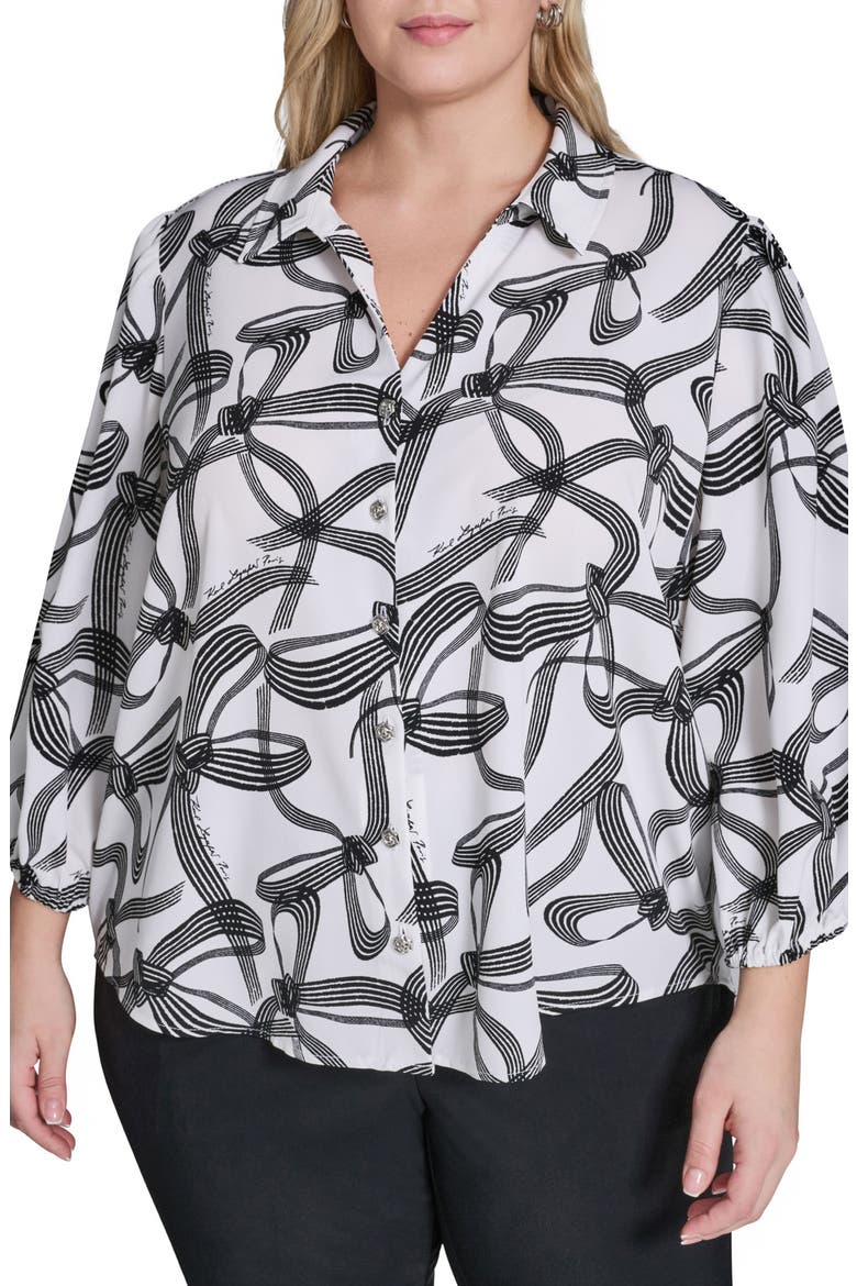 Bow Print Crepe Button-Up Shirt, Main, color, SOFT WHITE/ BLACK MULTI