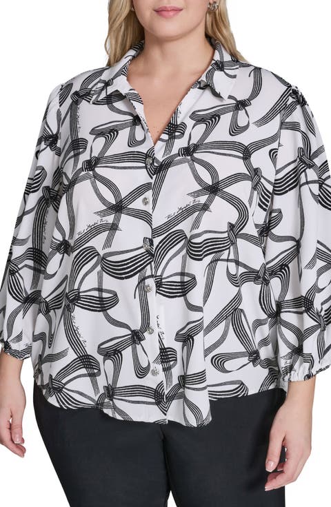 Bow Print Crepe Button-Up Shirt (Plus)