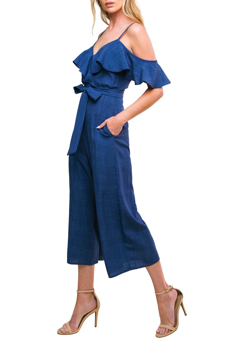 Cold Shoulder Crop Wide Leg Jumpsuit, Alternate, color, INDIGO