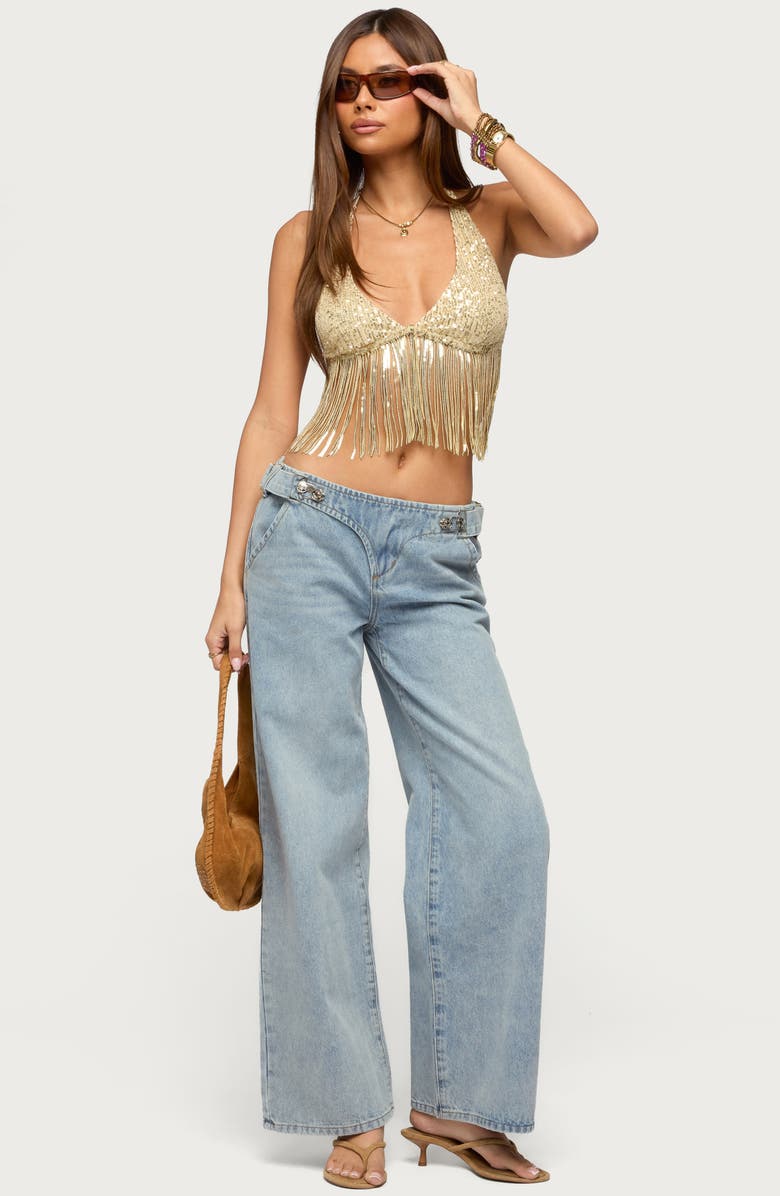 EDIKTED Azura Sequin Fringe Bra Top, Alternate, color, 