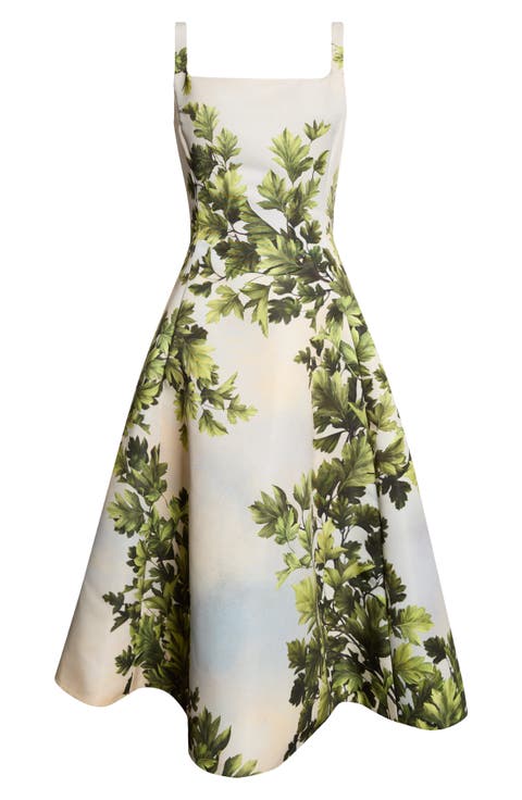 Maple Leaves Faille Fit & Flare Midi Dress