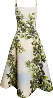 Oscar de la Renta Maple Leaves Faille Fit & Flare Midi Dress