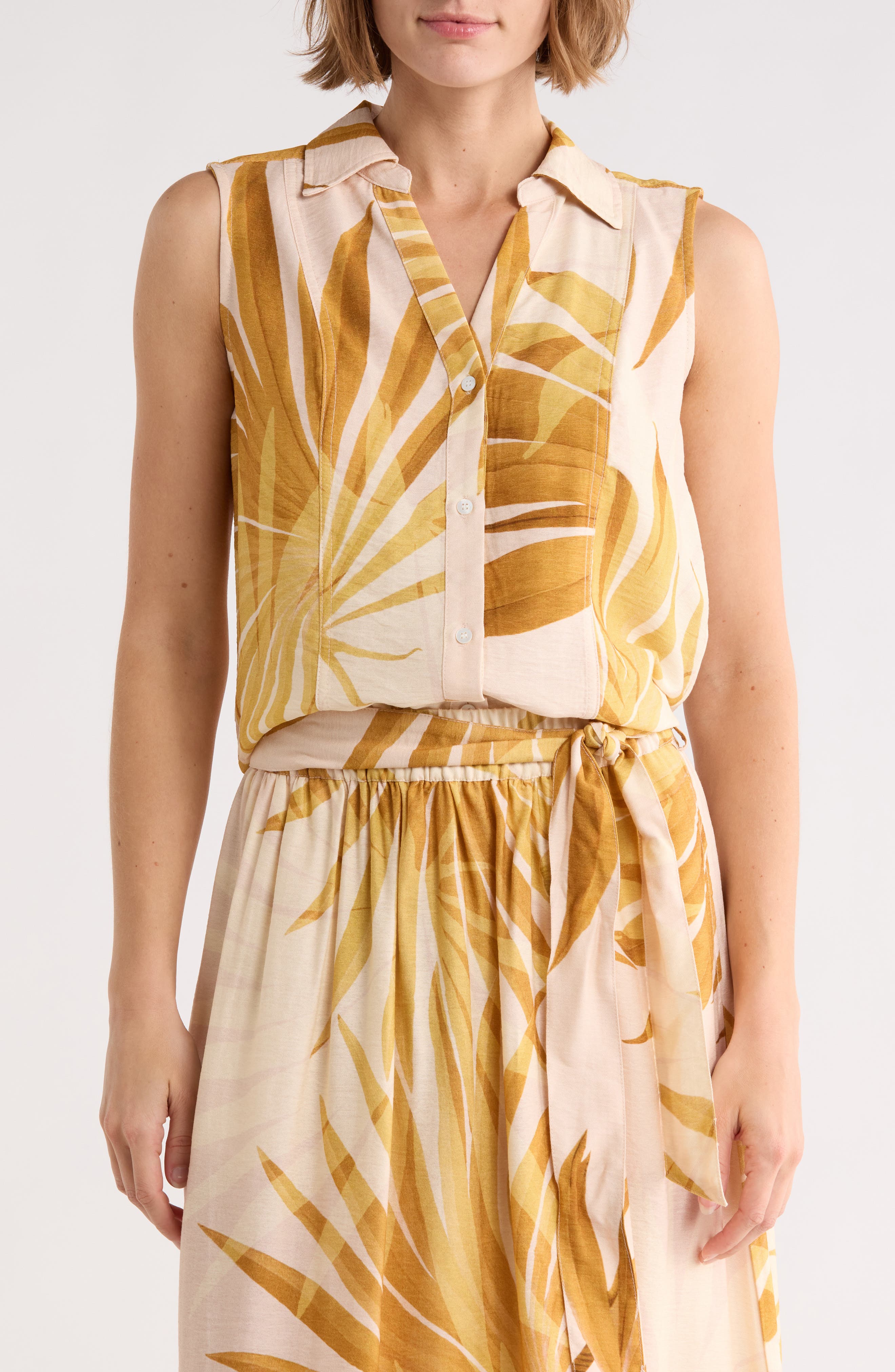 Joie Palm Print Sleeveless Button-Up Top