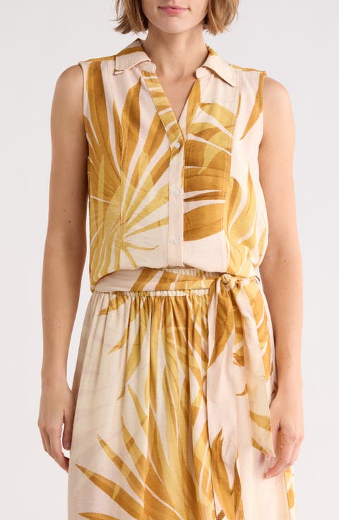 Palm Print Sleeveless Button-Up Top