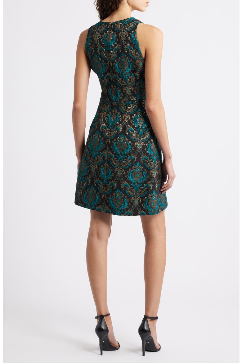 Sleeveless Metallic Jacquard Minidress, Alternate, color, BLACK/ EMERALD