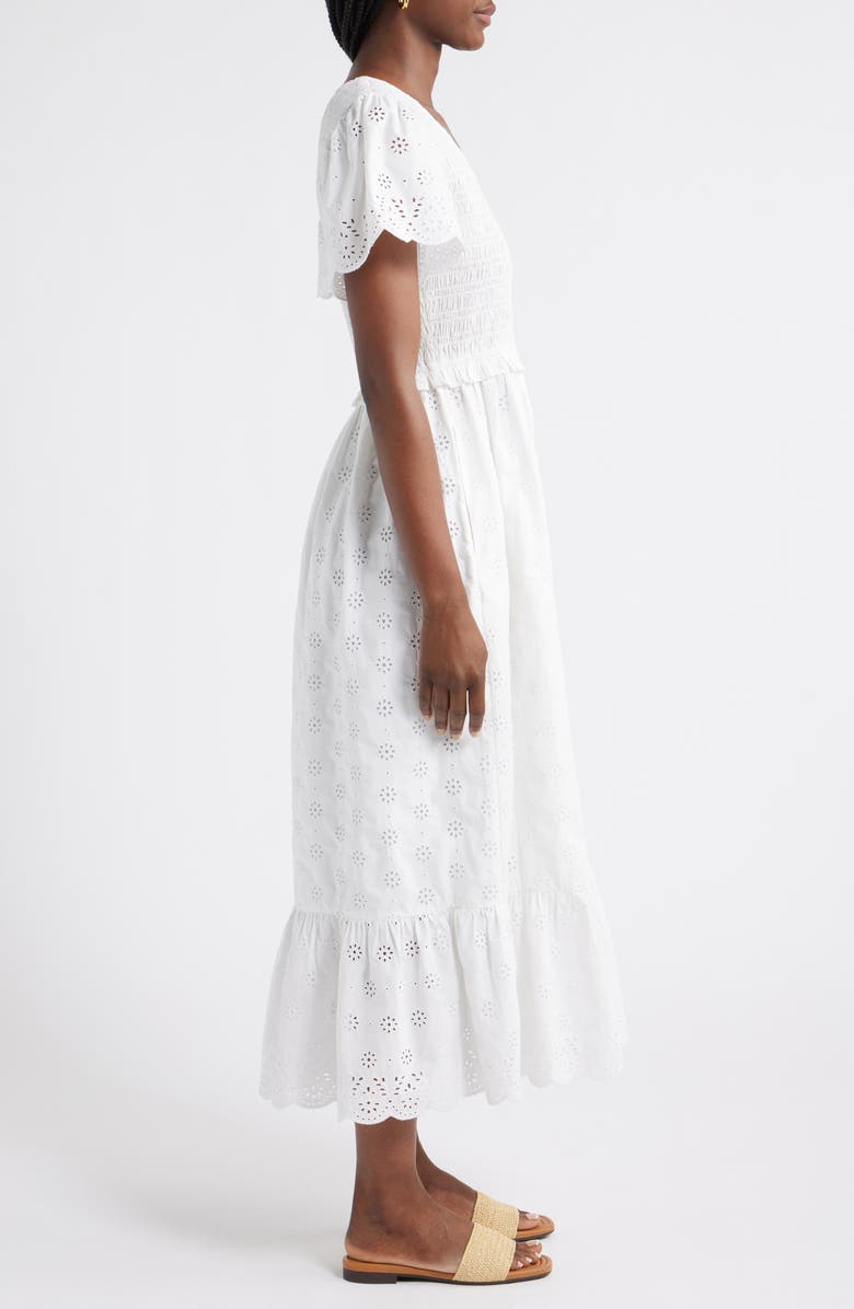 Caslon<sup>®</sup> Eyelet Smocked Flutter Sleeve Maxi Dress, Alternate, color, White