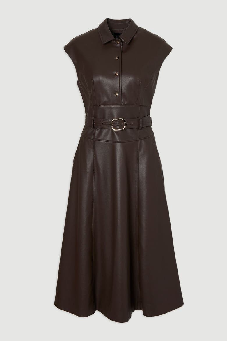 Faux Leather Belted Midi Dress, Alternate, color, Chocolate